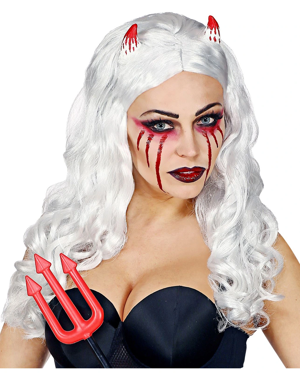 Teufelsbraut Perücke Weiß Mit Hörnern